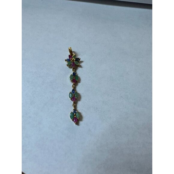 14k Solid Yellow Gold Flower Dangle Pendant Charm Natural Mix Stones 1.64 Grams - Picture 3 of 7